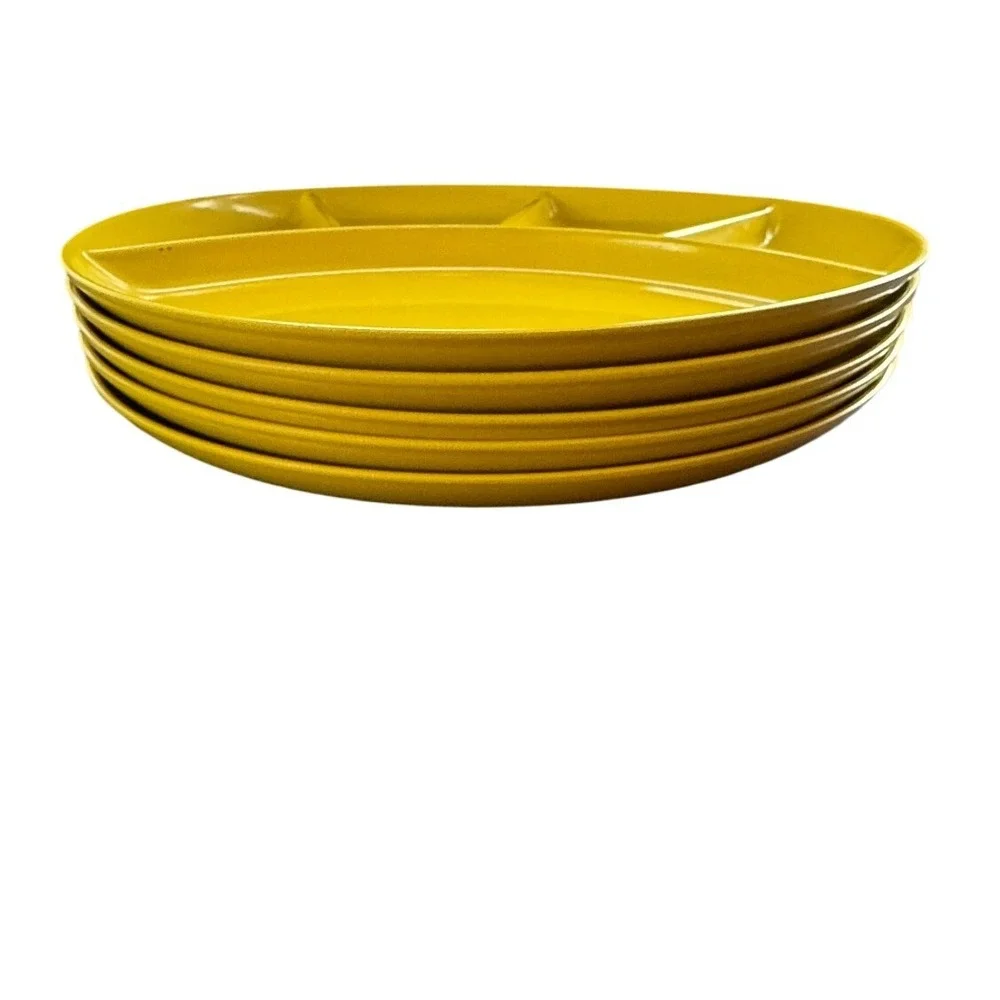 Vintage Yellow Melamine Divided Plates Set of 5 MCM Retro Cafeteria Style 9 Inch